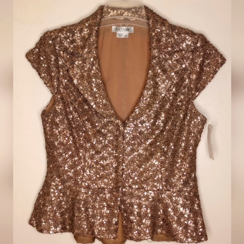 Kay Unger Mocha Sequin Embroiderd Lined Peplum Jacket 12